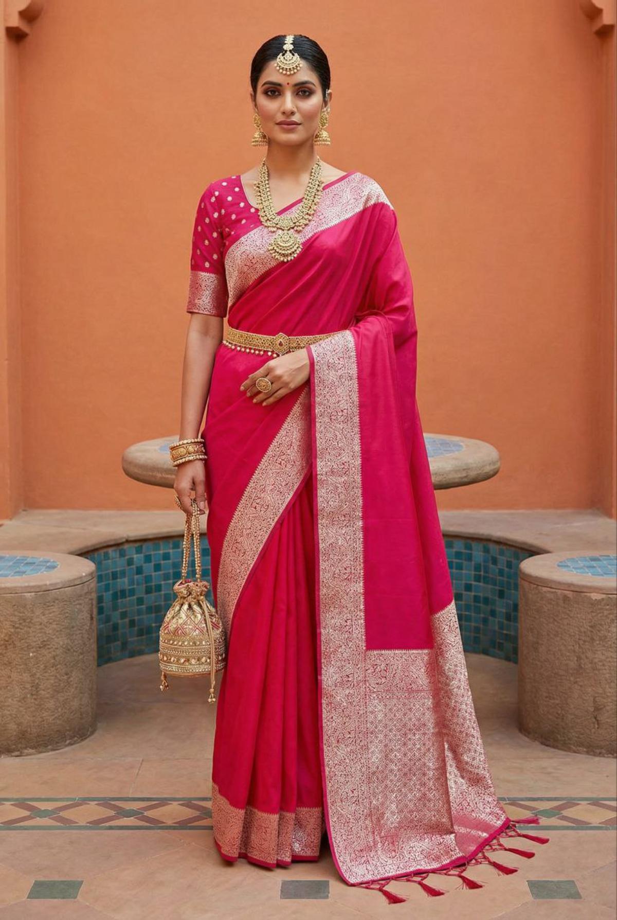 Mameraa Sarees Pink Soft Banarasi Silk Fabric Saree With Natural Zari Weaving In Gala Border-Pink - Dista