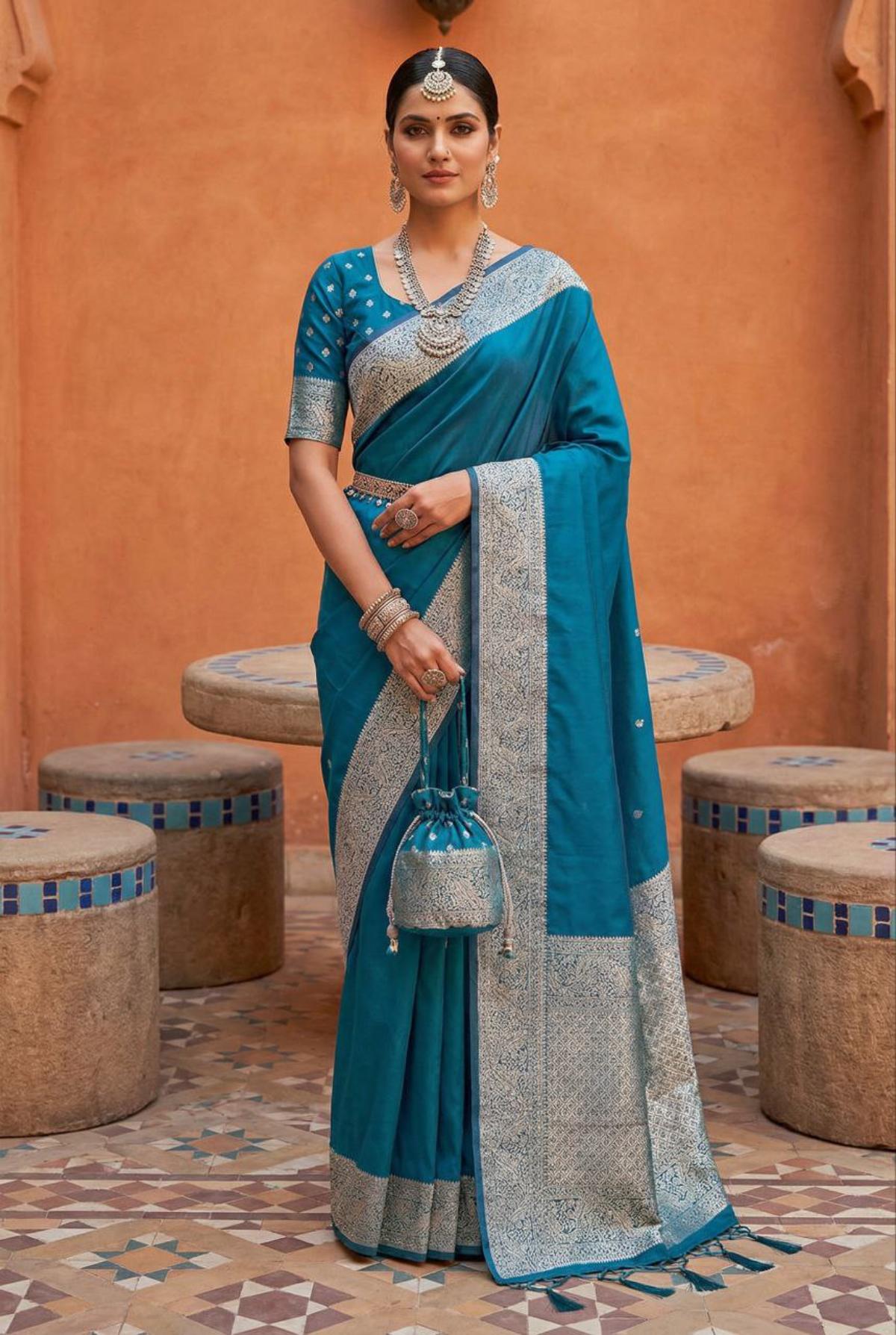 Mameraa Sarees Teal Soft Banarasi Silk Fabric Saree With Natural Zari Weaving In Gala Border-Teal - Dista