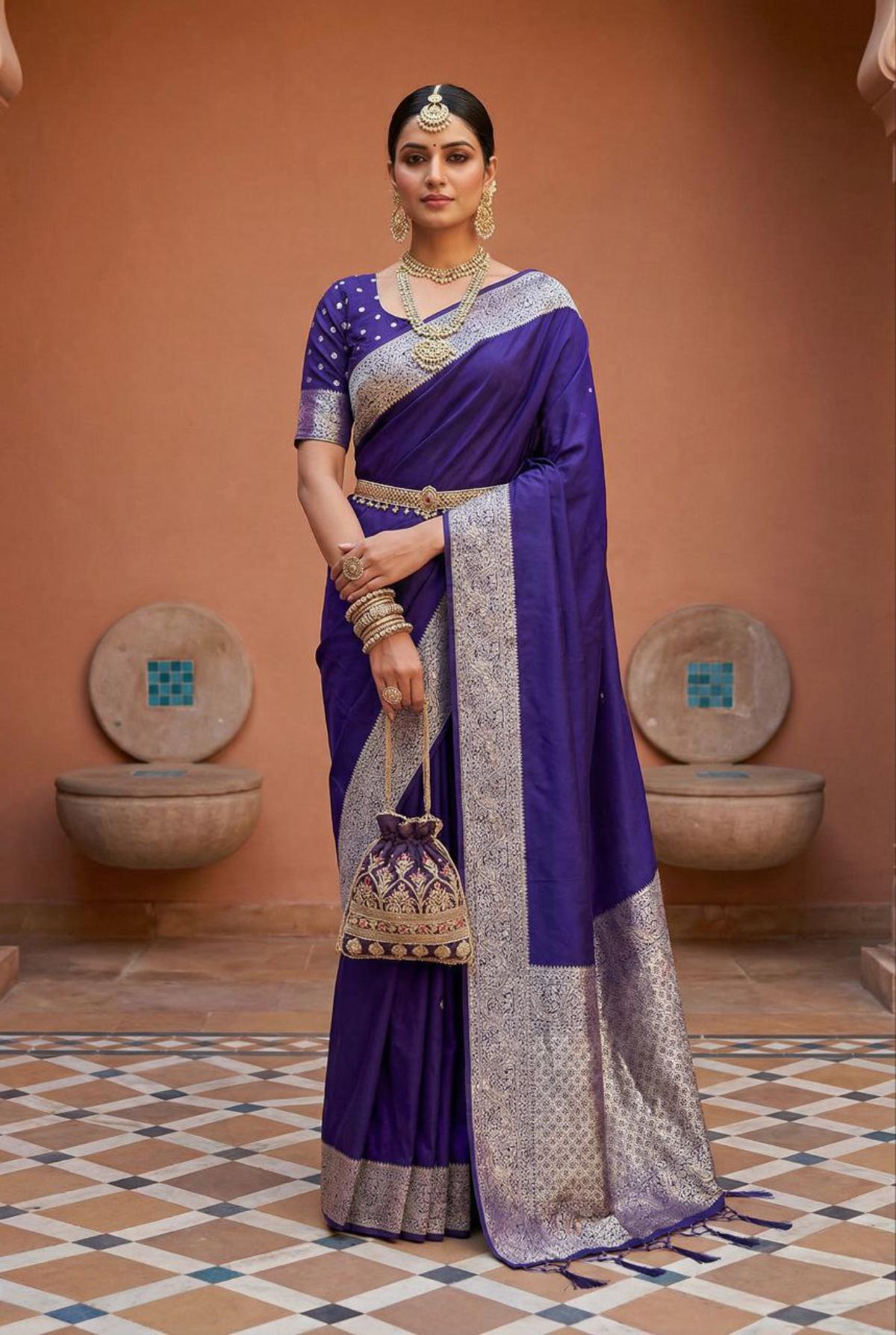 Mameraa Sarees Violet Soft Banarasi Silk Fabric Saree With Natural Zari Weaving In Gala Border-Violet - Dista