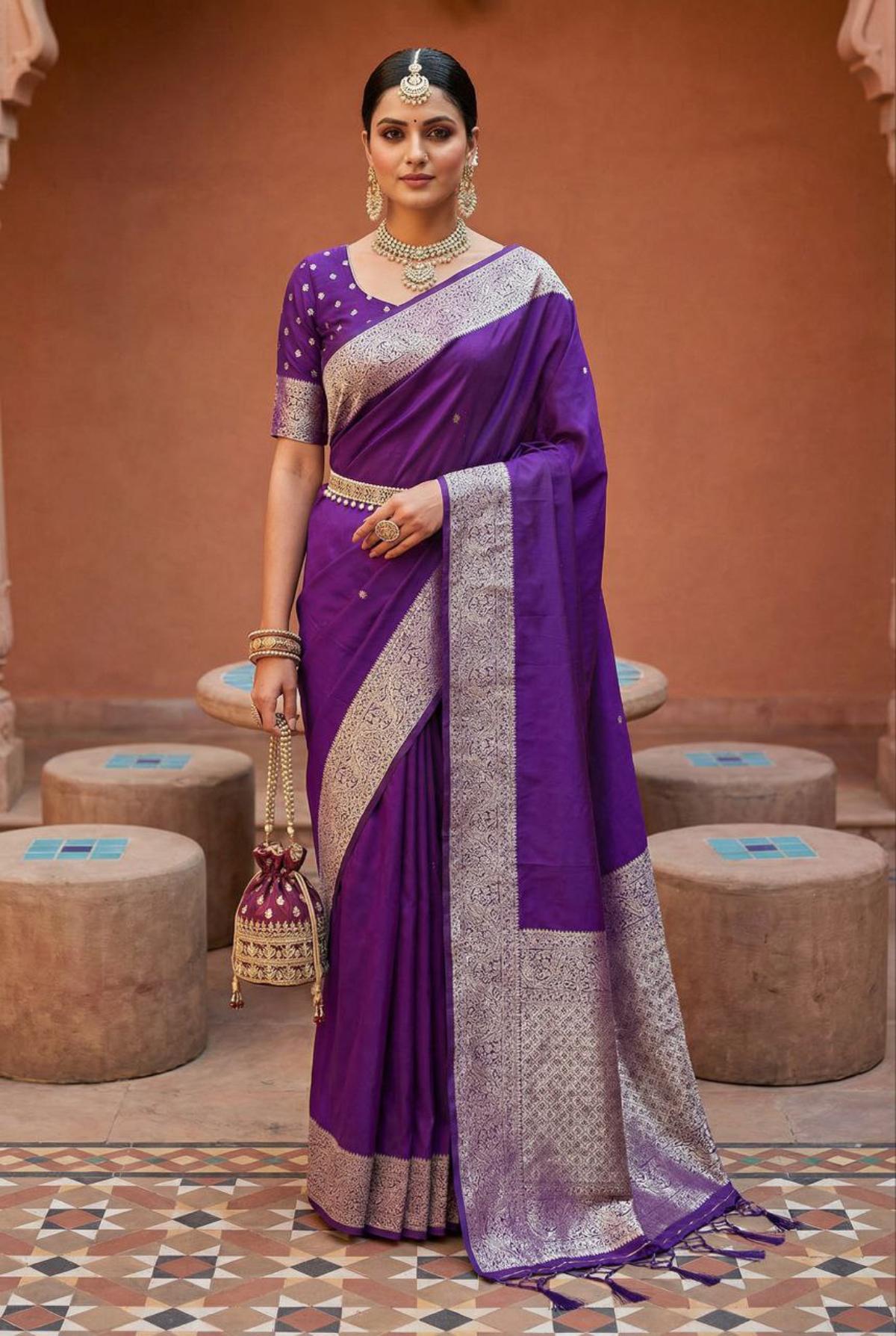 Mameraa Sarees Purple Soft Banarasi Silk Fabric Saree With Natural Zari Weaving In Gala Border-Purple - Dista