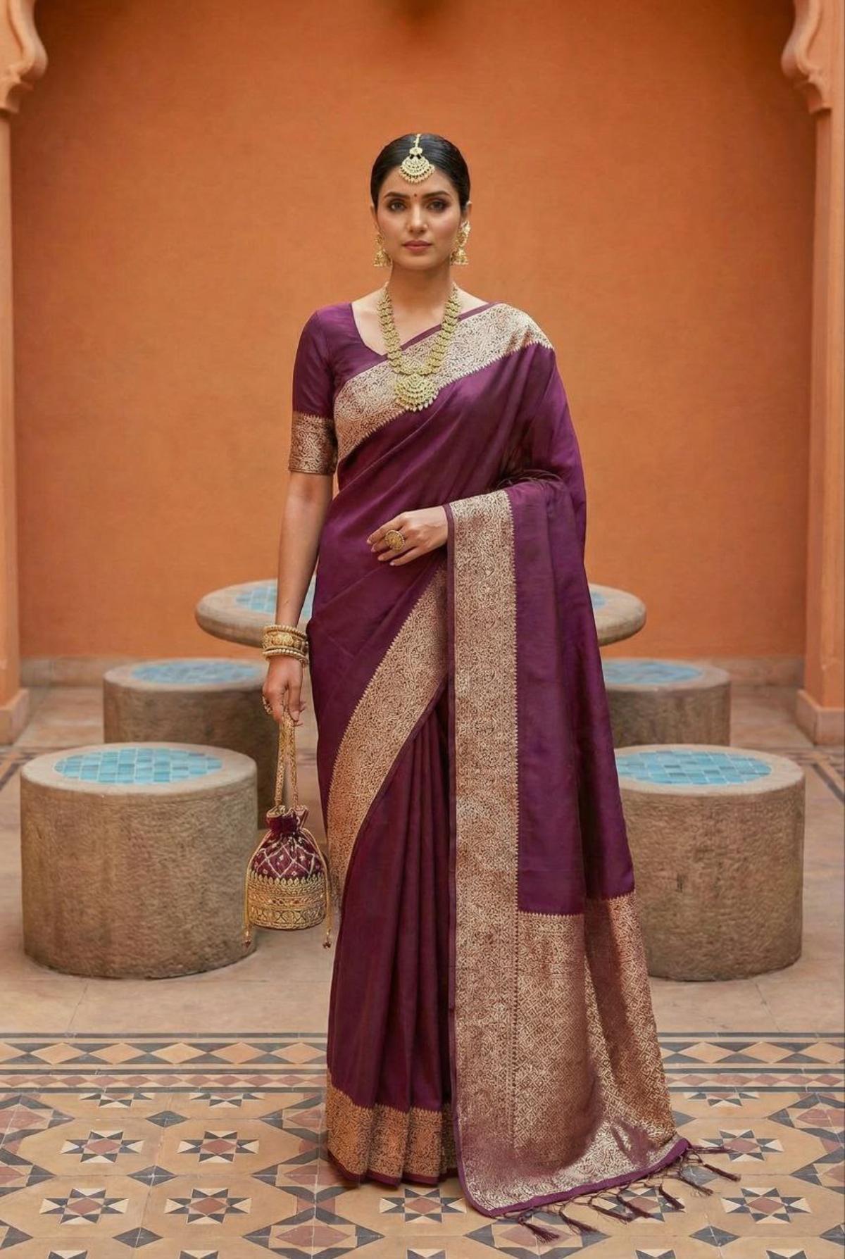 Mameraa Sarees Wine Soft Banarasi Silk Fabric Saree With Natural Zari Weaving In Gala Border-Wine - Dista