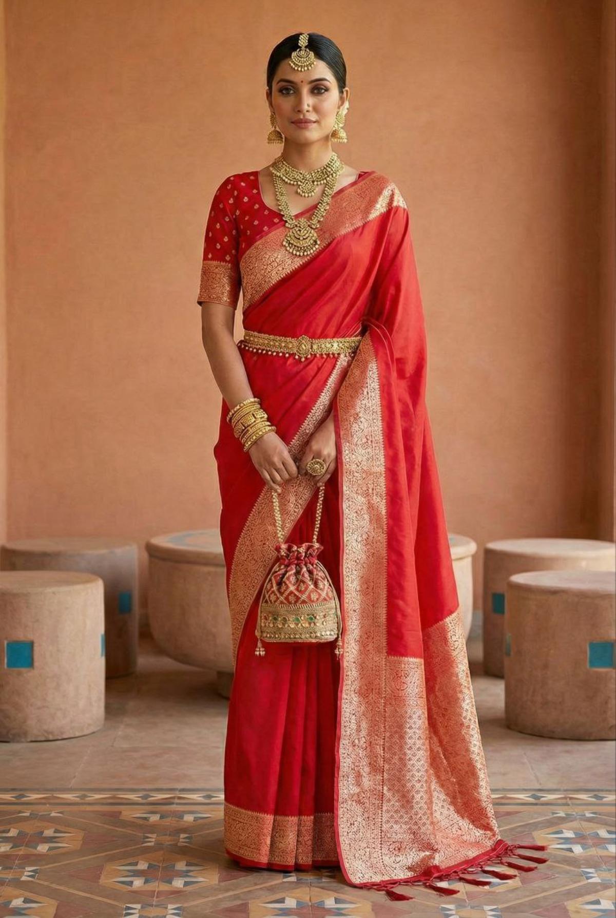 Mameraa Sarees Red Soft Banarasi Silk Fabric Saree With Natural Zari Weaving In Gala Border-Red - Dista