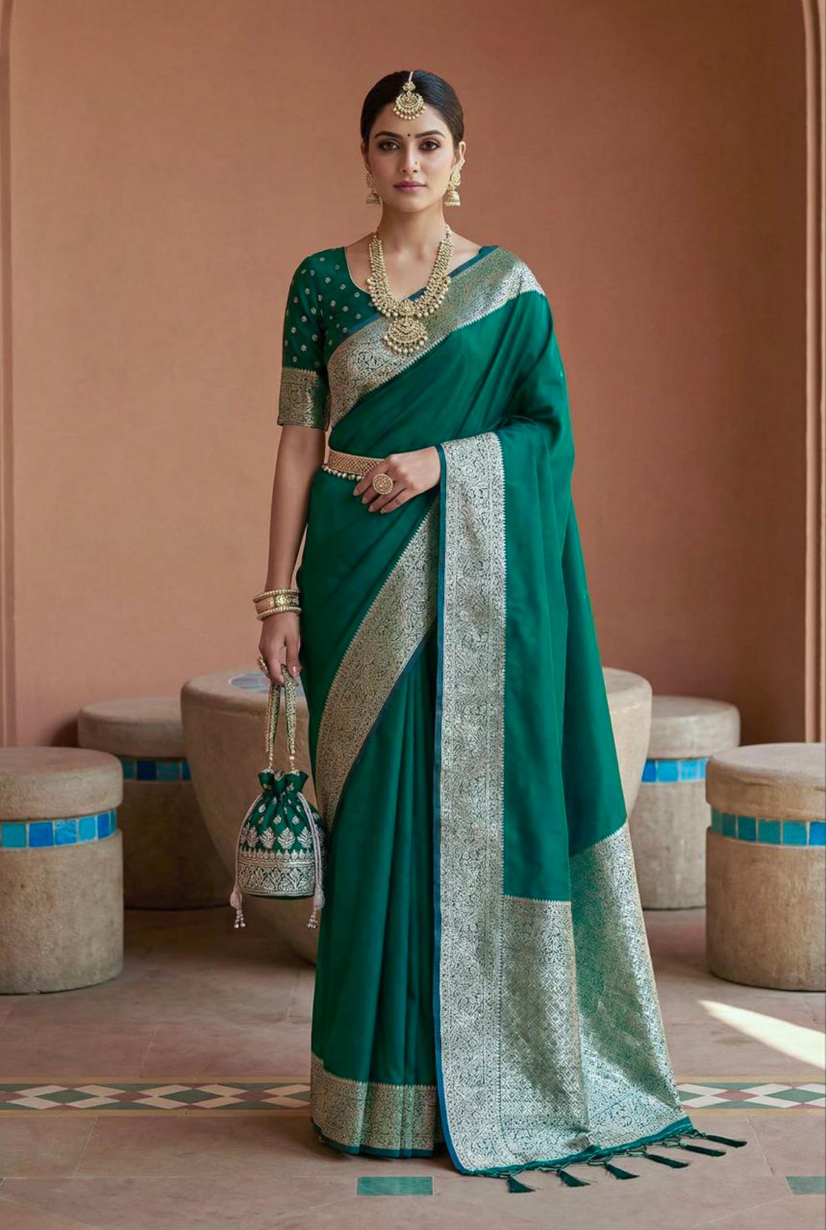 Mameraa Sarees Sea Green Soft Banarasi Silk Fabric Saree With Natural Zari Weaving In Gala Border-Sea_Green - Dista