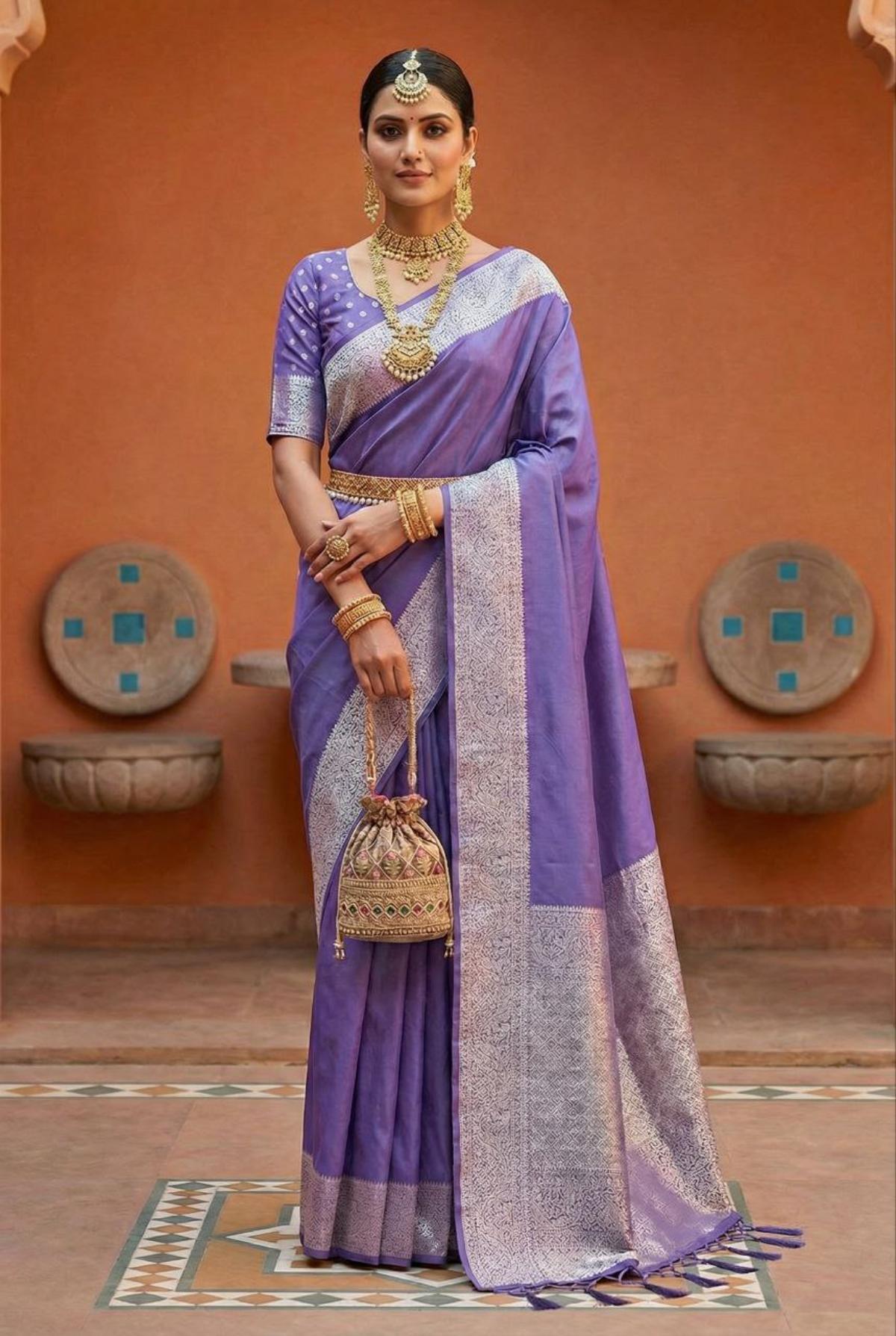 Mameraa Sarees Lavender Soft Banarasi Silk Fabric Saree With Natural Zari Weaving In Gala Border-Lavender - Dista