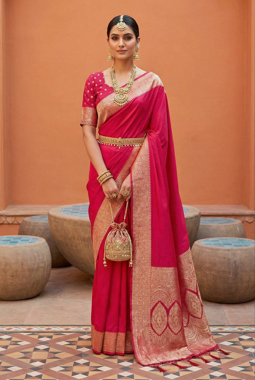 Mameraa Sarees Pink Soft Banarasi Silk Fabric Saree With Natural Zari Weaving In Gala Border-Pink - Dista