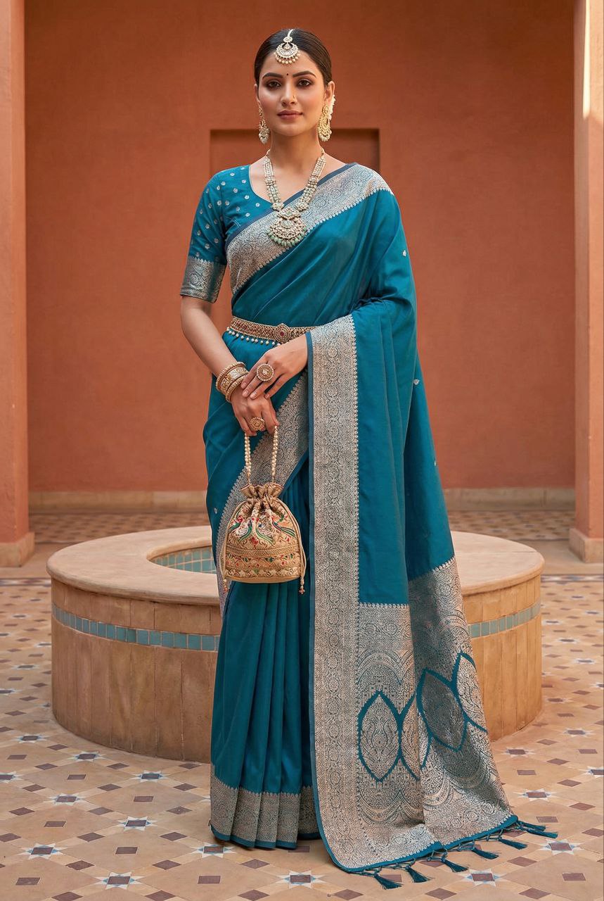 Mameraa Sarees Teal Soft Banarasi Silk Fabric Saree With Natural Zari Weaving In Gala Border-Teal - Dista