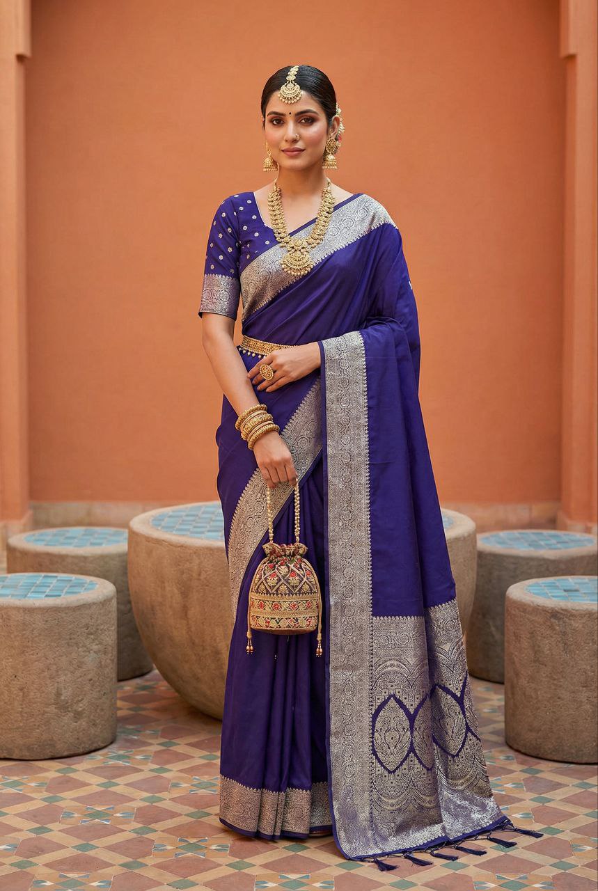 Mameraa Sarees Violet Soft Banarasi Silk Fabric Saree With Natural Zari Weaving In Gala Border-Violet - Dista