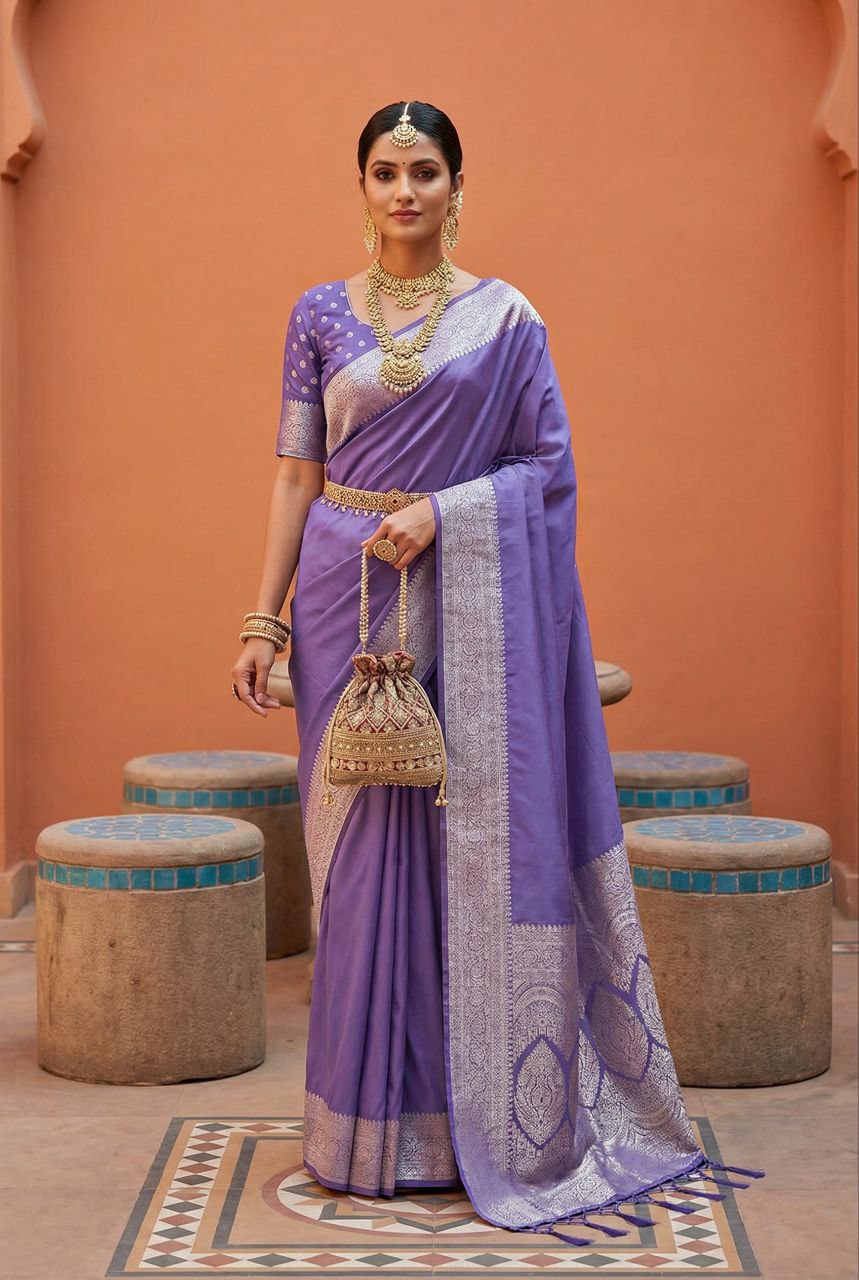 Mameraa Sarees Lavender Soft Banarasi Silk Fabric Saree With Natural Zari Weaving In Gala Border-Lavender - Dista