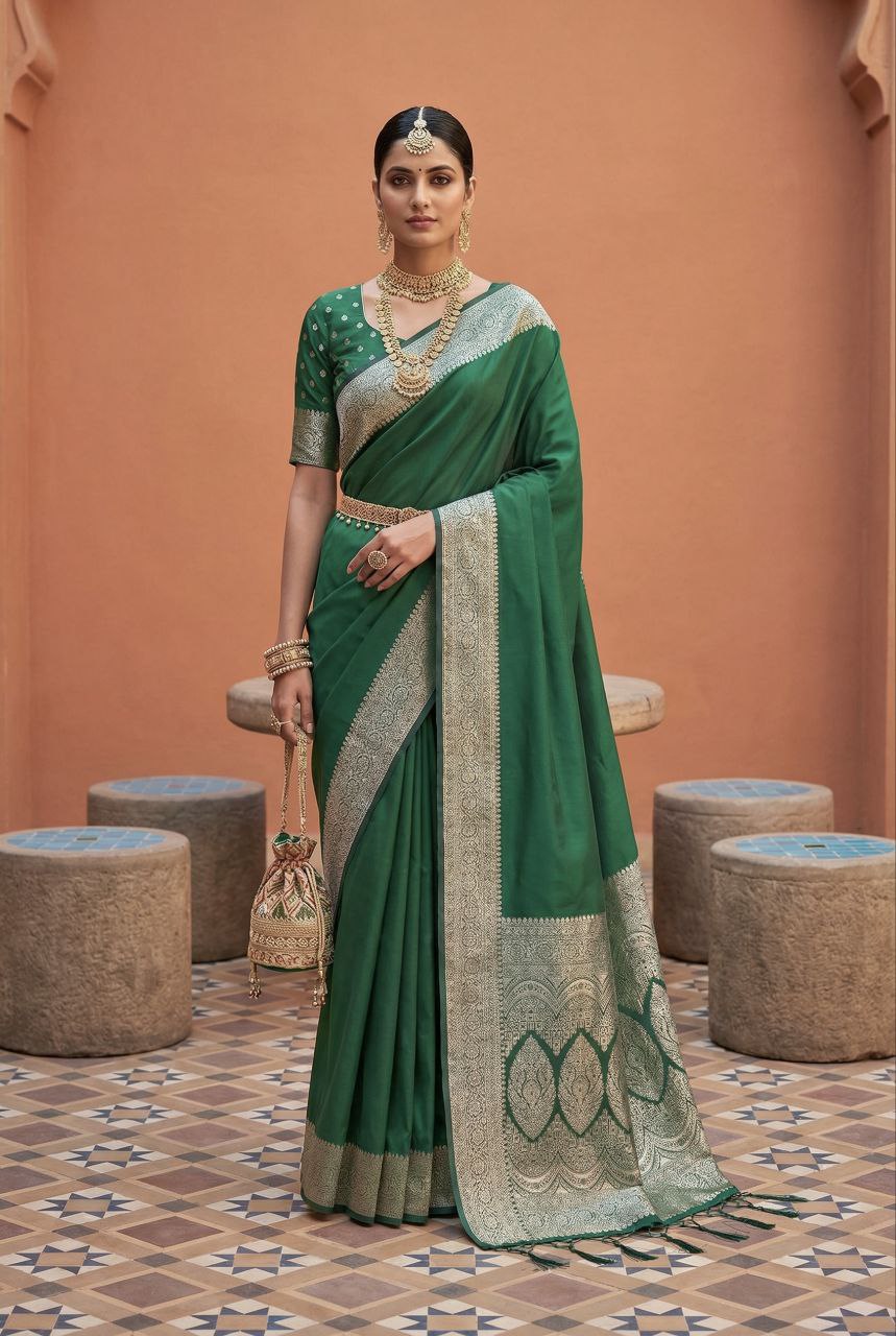 Mameraa Sarees Sea Green Soft Banarasi Silk Fabric Saree With Natural Zari Weaving In Gala Border-Sea_Green - Dista