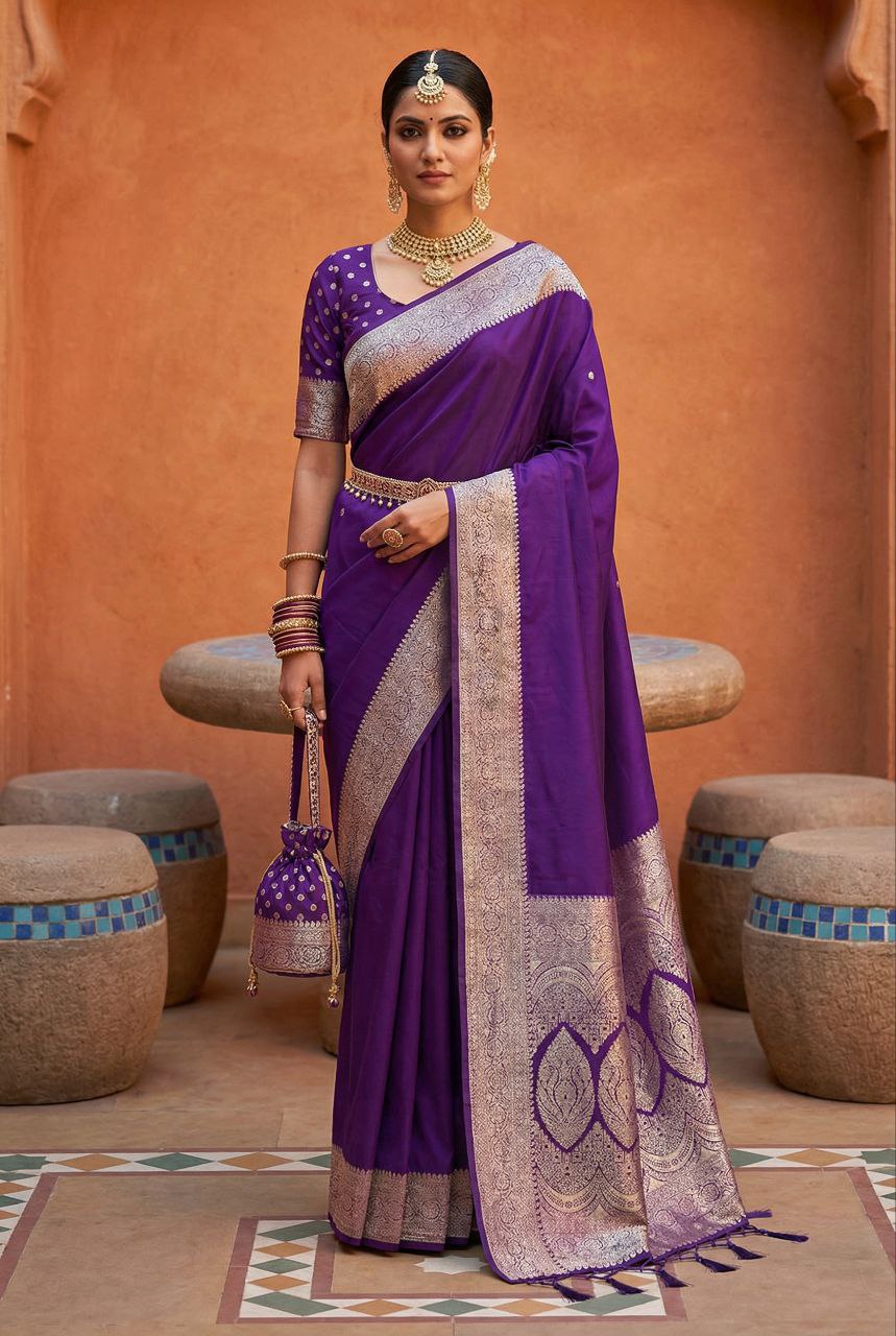 Mameraa Sarees Purple Soft Banarasi Silk Fabric Saree With Natural Zari Weaving In Gala Border-Purple - Dista