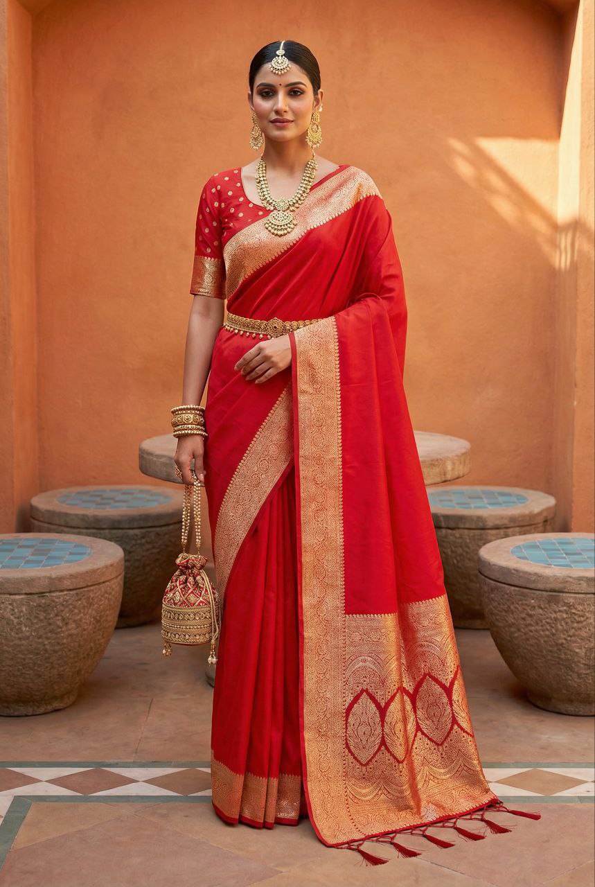 Mameraa Sarees Red Soft Banarasi Silk Fabric Saree With Natural Zari Weaving In Gala Border-Red - Dista