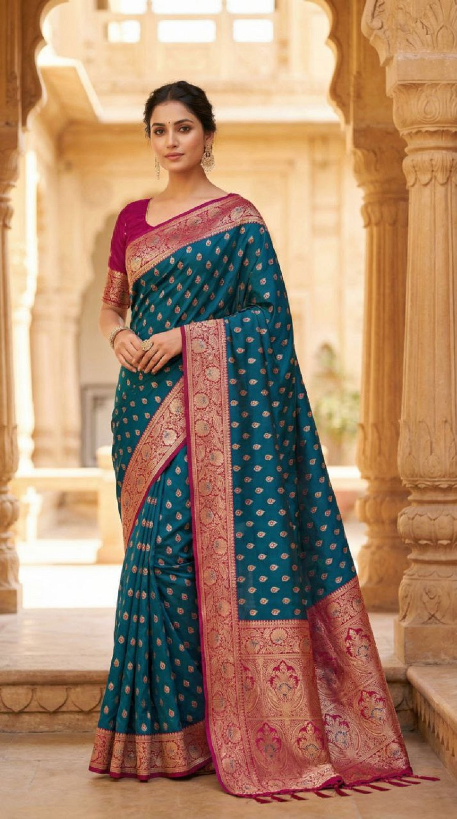 Mameraa Sarees Teal Blue Soft Banarasi Silk Saree With Zari Weaving Meenakari Design-Teal - Dista