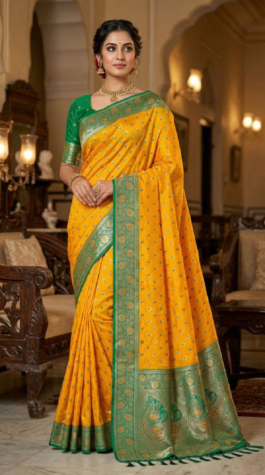Mameraa Sarees Yellow Soft Banarasi Silk Saree With Zari Weaving Meenakari Design-Yellow - Dista