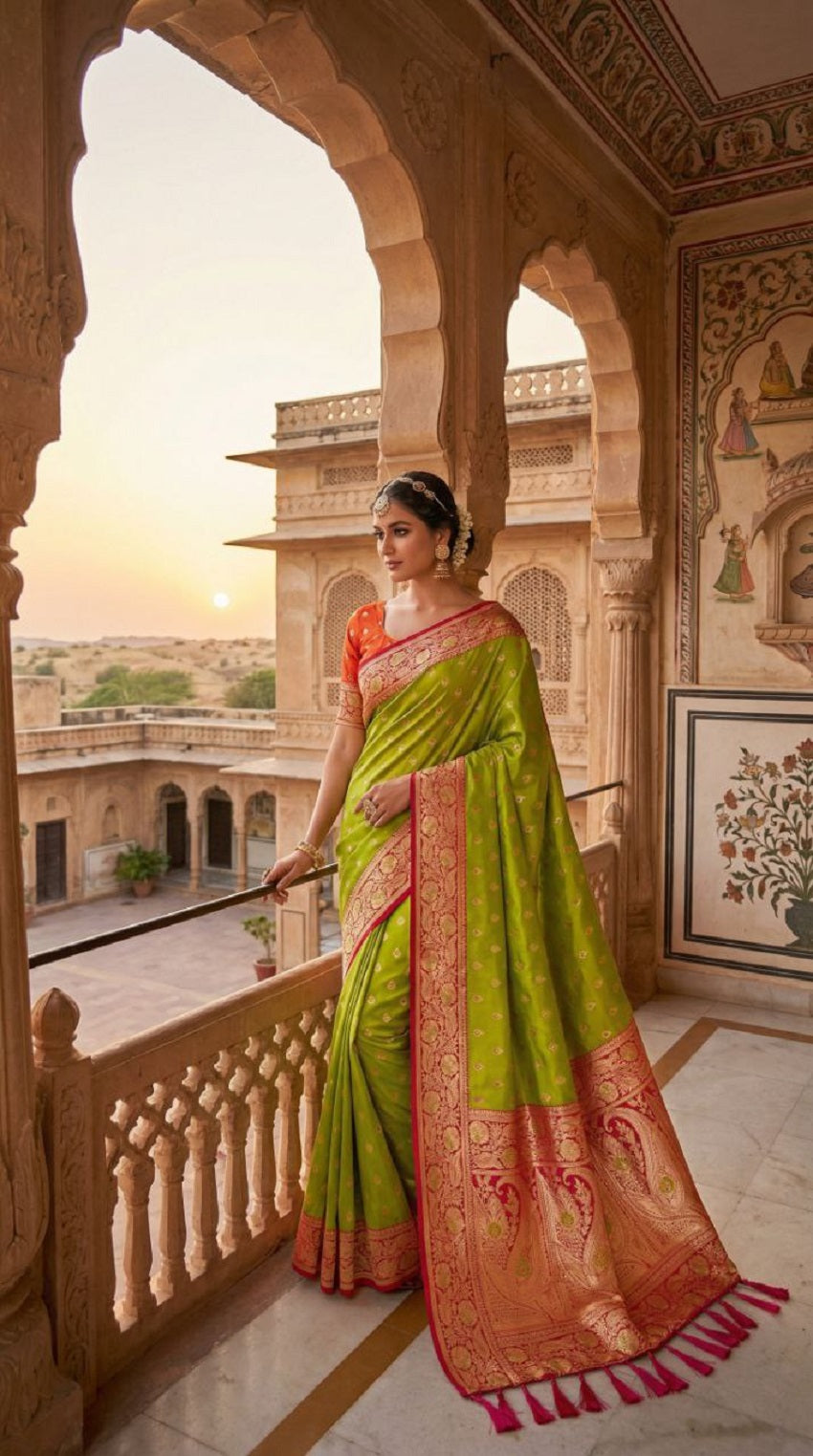 Mameraa Sarees Parrot Green Soft Banarasi Silk Saree With Zari Weaving Meenakari Design-Parrot_Green - Dista