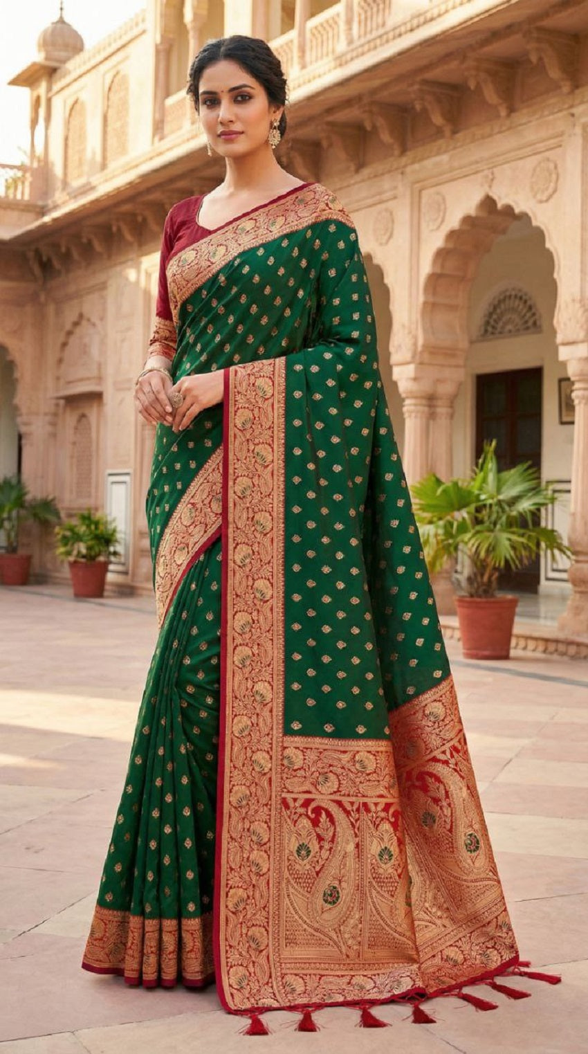 Mameraa Sarees Green Soft Banarasi Silk Saree With Zari Weaving Meenakari Design-Green - Dista