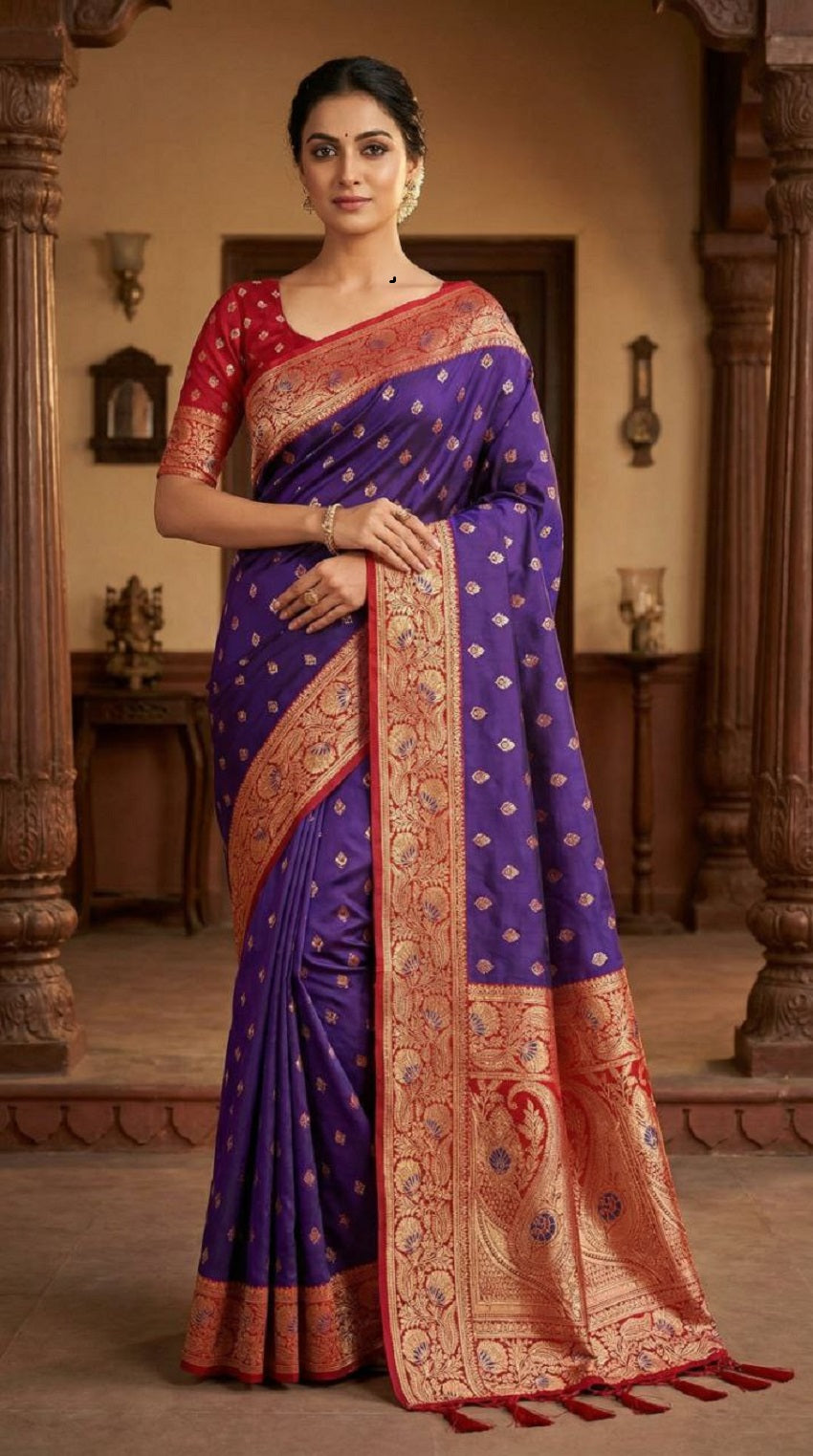 Mameraa Sarees Violet Soft Banarasi Silk Saree With Zari Weaving Meenakari Design-Violet - Dista