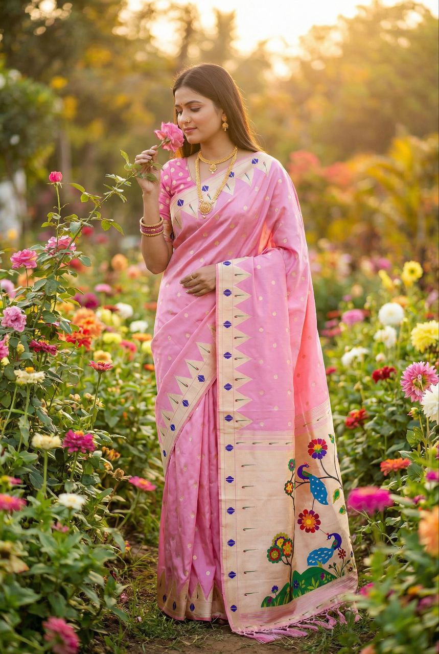 Mameraa Sarees Baby Pink Faux Banarasi Silk Saree With Paithani Rich Weaved Pallu And Blouse-Baby_Pink - Dista