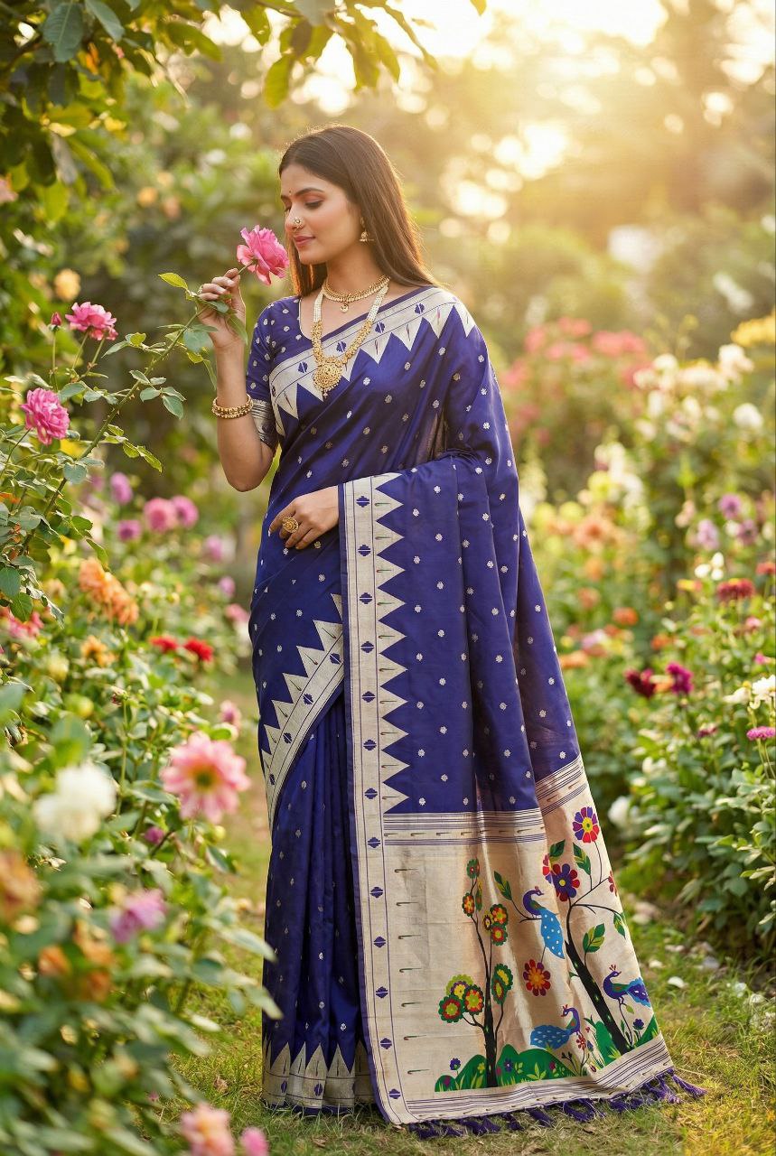 Mameraa Sarees Violet Faux Banarasi Silk Saree With Paithani Rich Weaved Pallu And Blouse-Violet - Dista