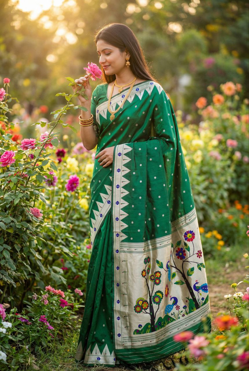Mameraa Sarees Green Faux Banarasi Silk Saree With Paithani Rich Weaved Pallu And Blouse-Green - Dista