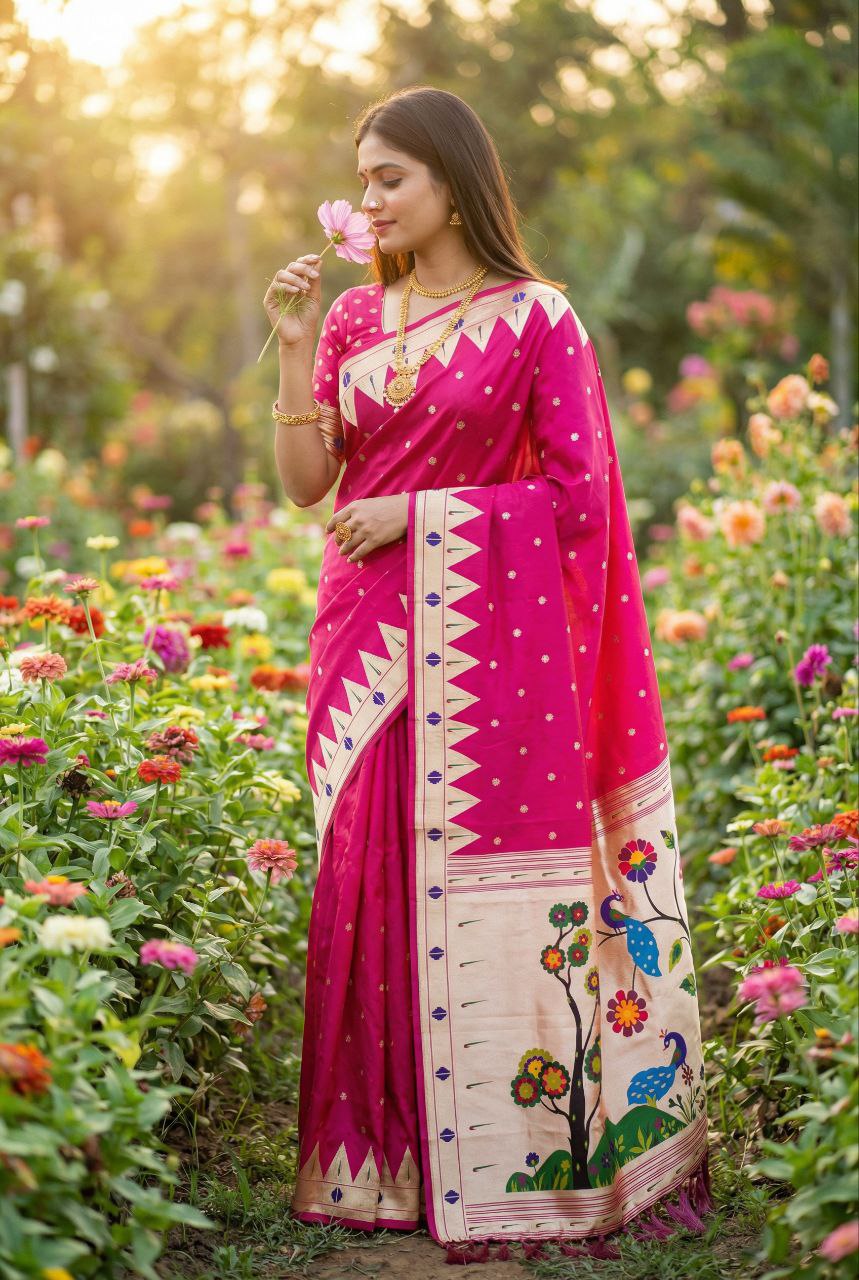 Mameraa Sarees Pink Faux Banarasi Silk Saree With Paithani Rich Weaved Pallu And Blouse-Pink - Dista