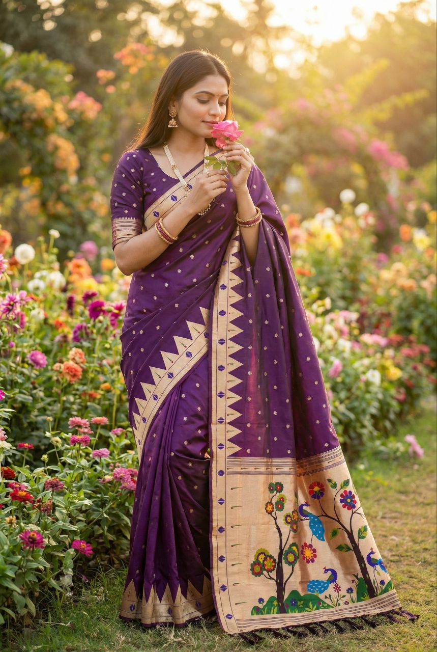 Mameraa Sarees Wine Faux Banarasi Silk Saree With Paithani Rich Weaved Pallu And Blouse-Wine - Dista