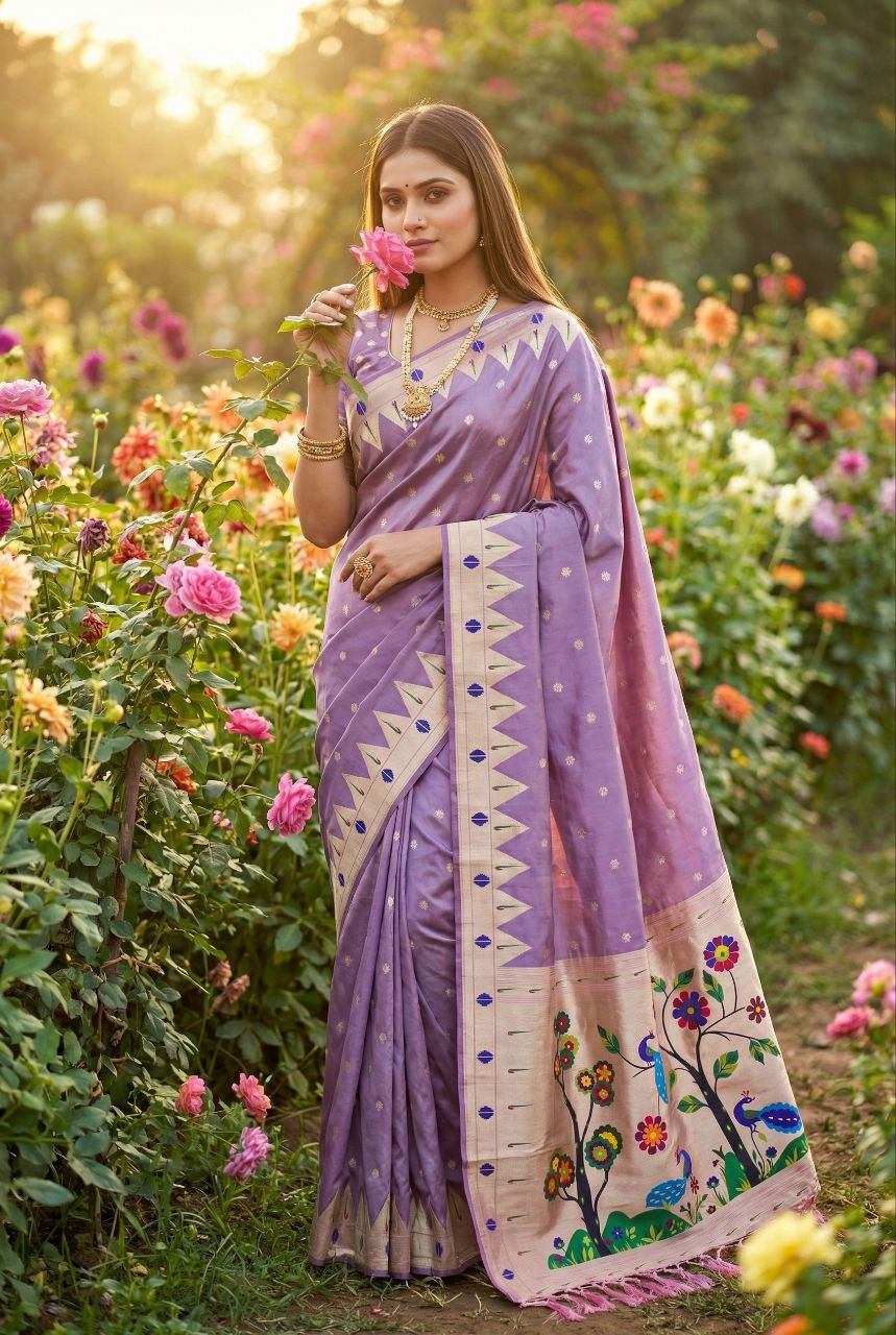 Mameraa Sarees Lavender Faux Banarasi Silk Saree With Paithani Rich Weaved Pallu And Blouse-Lavender - Dista