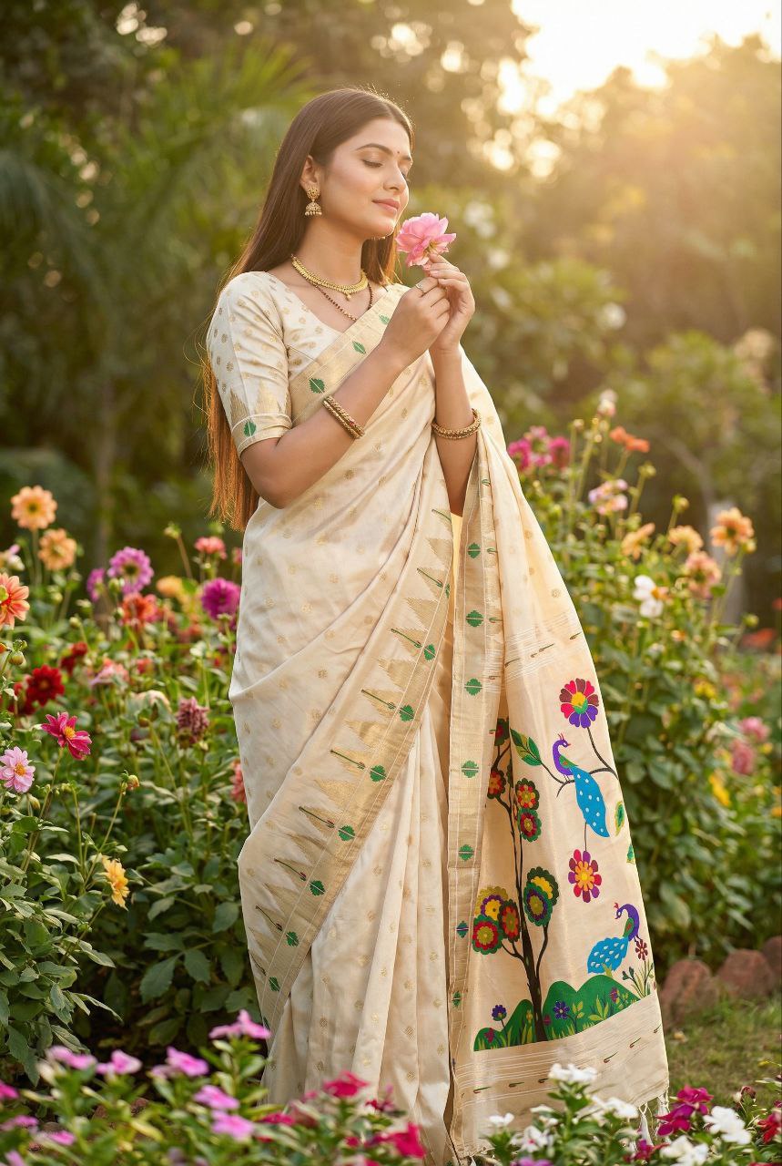 Mameraa Sarees Off White Faux Banarasi Silk Saree With Paithani Rich Weaved Pallu And Blouse-White - Dista