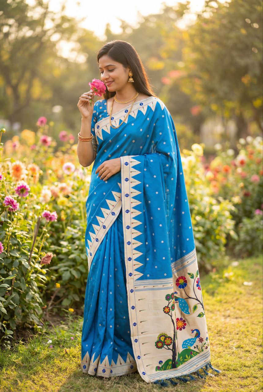 Mameraa Sarees Teal Blue Faux Banarasi Silk Saree With Paithani Rich Weaved Pallu And Blouse-Teal - Dista