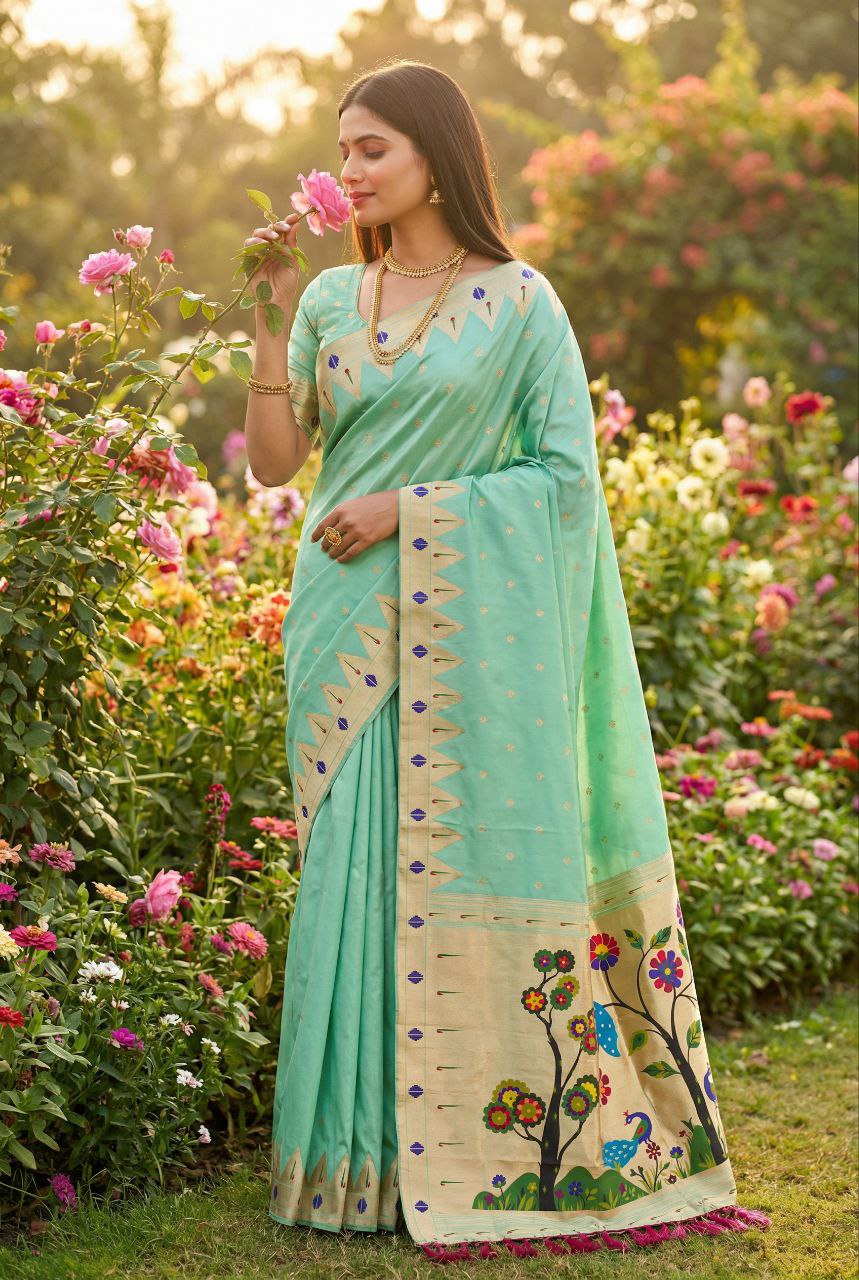 Mameraa Sarees Sea Green Faux Banarasi Silk Saree With Paithani Rich Weaved Pallu And Blouse-Sea_Green - Dista