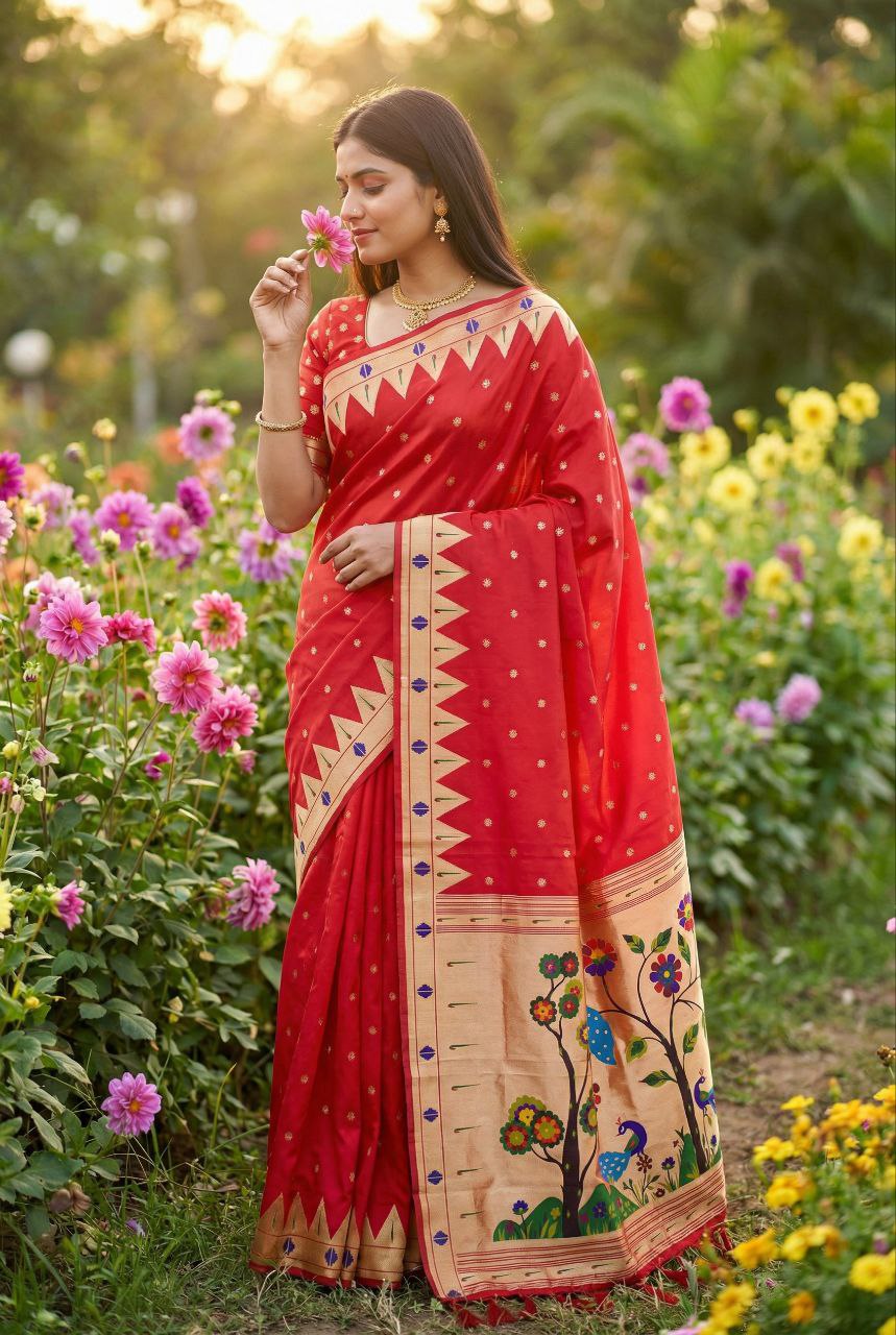 Mameraa Sarees Red Faux Banarasi Silk Saree With Paithani Rich Weaved Pallu And Blouse-Red - Dista