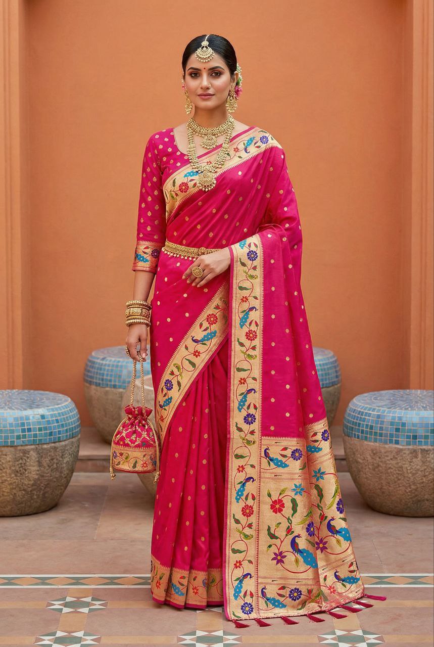 Mameraa Sarees Pink Faux Banarasi Silk Saree With Paithani Rich Weaved Pallu And Blouse-Pink - Dista