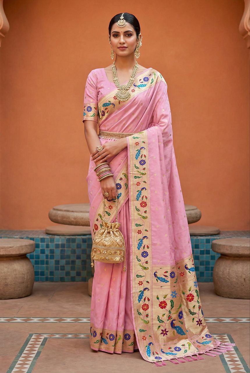 Mameraa Sarees Baby Pink Faux Banarasi Silk Saree With Paithani Rich Weaved Pallu And Blouse-Baby_Pink - Dista
