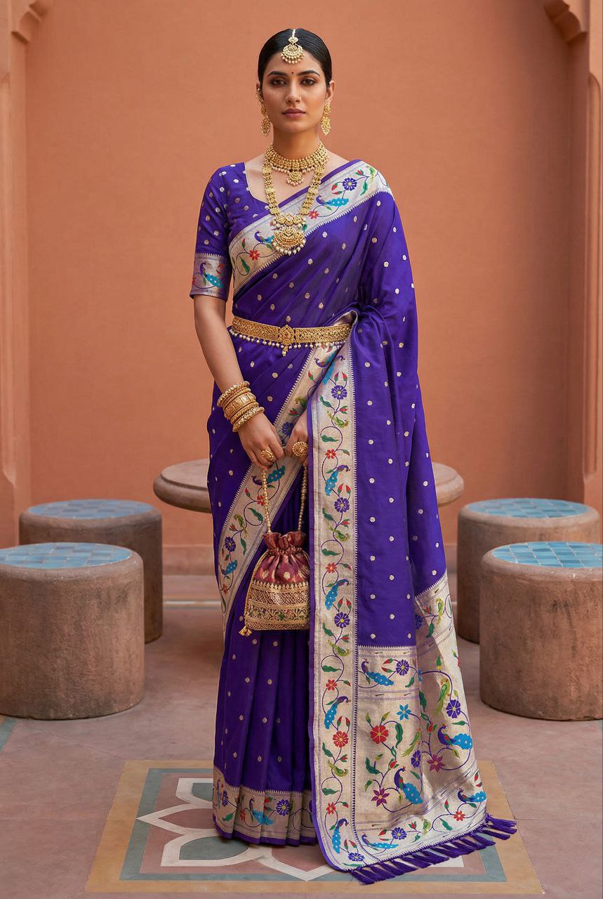 Mameraa Sarees Violet Faux Banarasi Silk Saree With Paithani Rich Weaved Pallu And Blouse-Violet - Dista