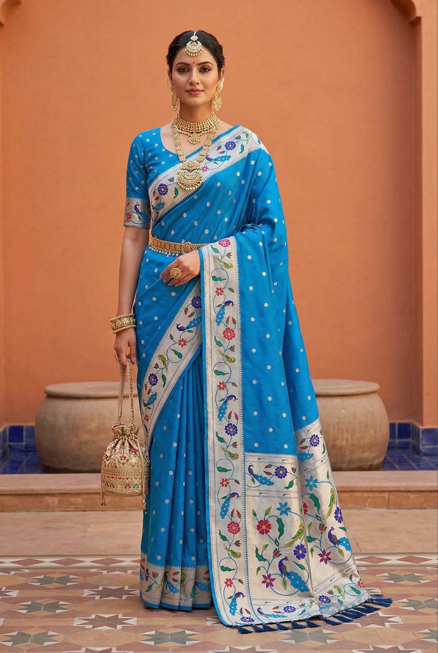 Mameraa Sarees Teal Blue Faux Banarasi Silk Saree With Paithani Rich Weaved Pallu And Blouse-Teal - Dista