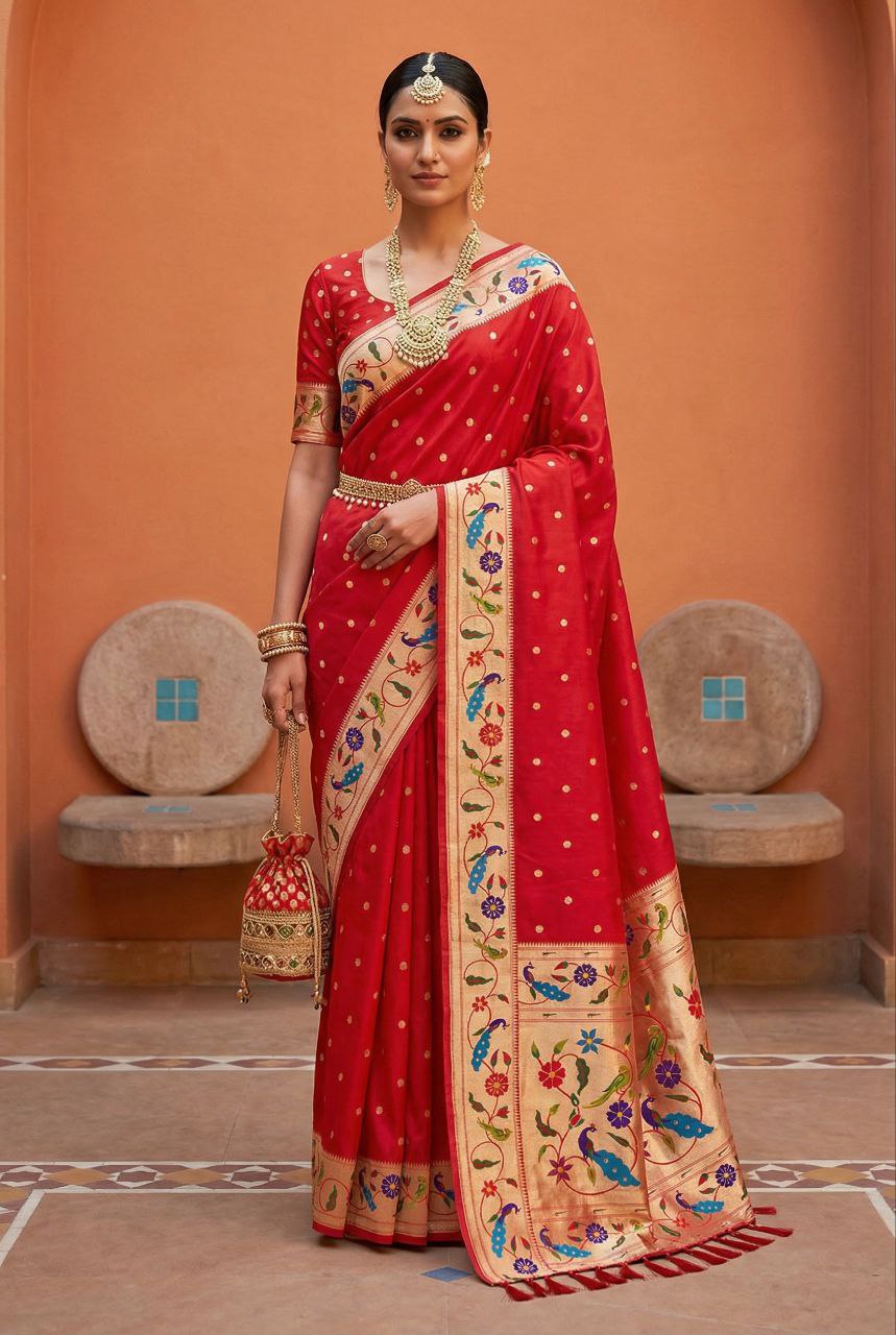 Mameraa Sarees Red Faux Banarasi Silk Saree With Paithani Rich Weaved Pallu And Blouse-Red - Dista