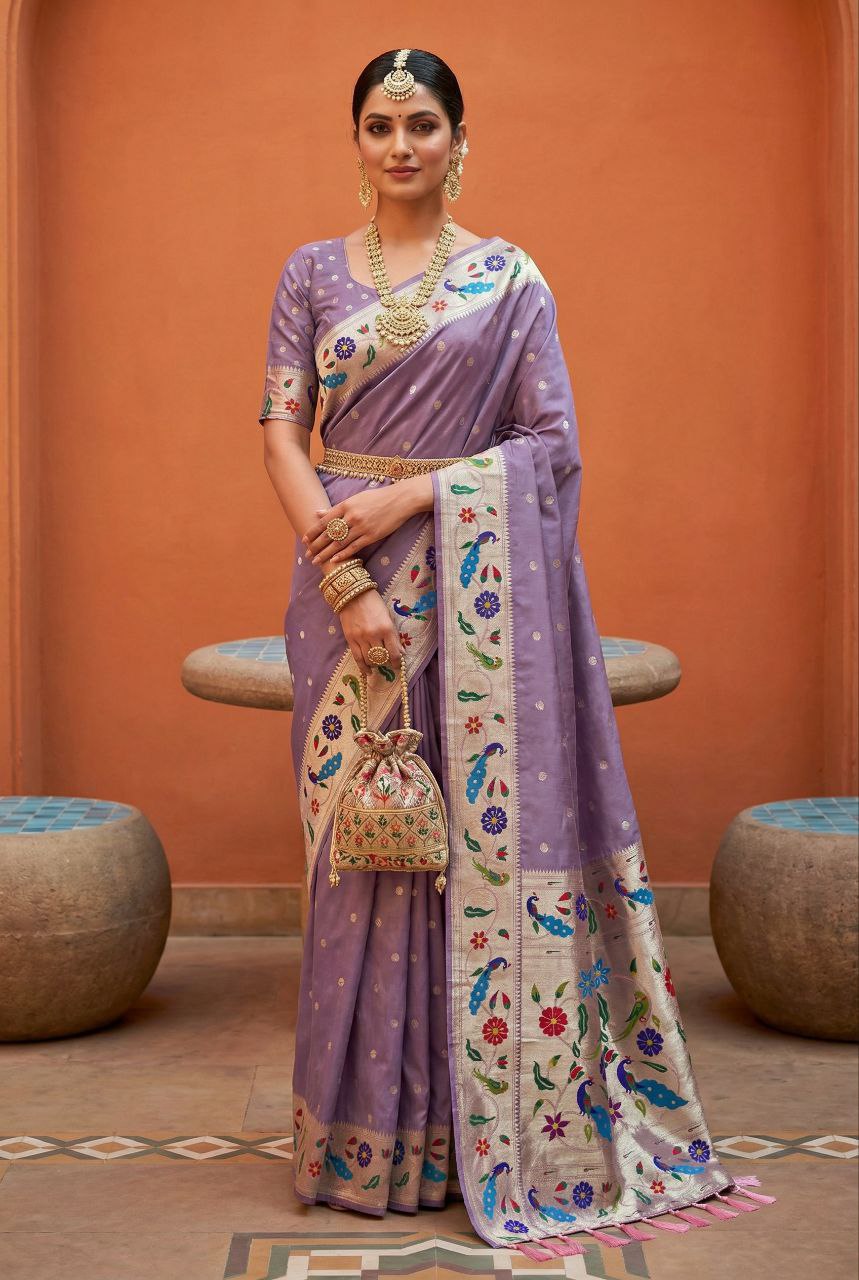 Mameraa Sarees Lavender Faux Banarasi Silk Saree With Paithani Rich Weaved Pallu And Blouse-Lavender - Dista