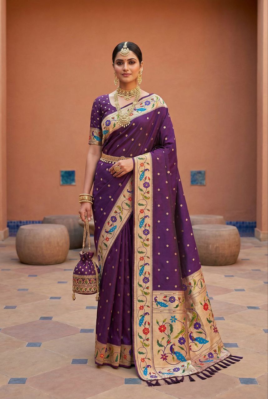 Mameraa Sarees Wine Faux Banarasi Silk Saree With Paithani Rich Weaved Pallu And Blouse-Wine - Dista