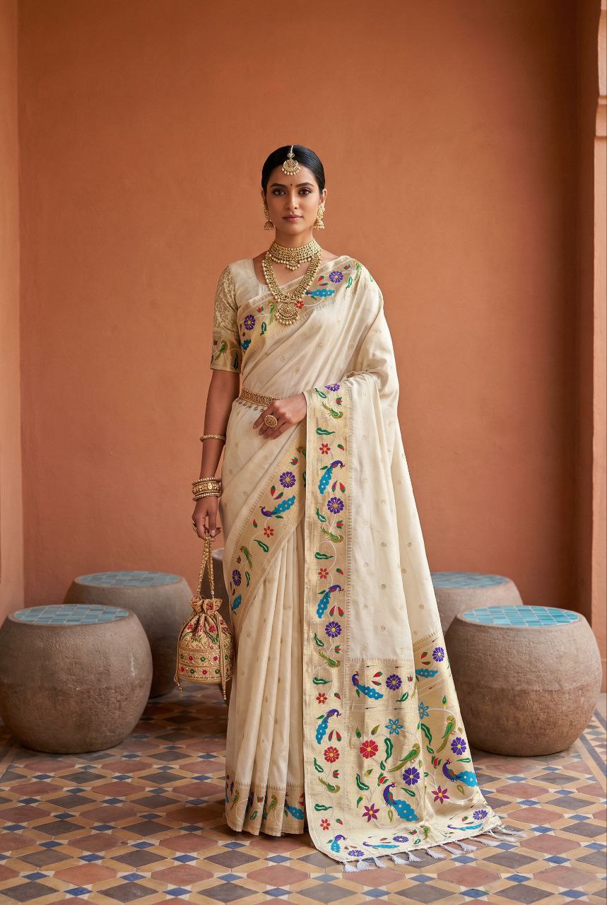 Mameraa Sarees Off White Faux Banarasi Silk Saree With Paithani Rich Weaved Pallu And Blouse-White - Dista