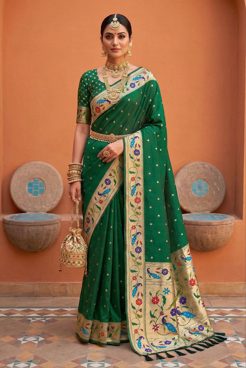 Mameraa Sarees Green Faux Banarasi Silk Saree With Paithani Rich Weaved Pallu And Blouse-Green - Dista