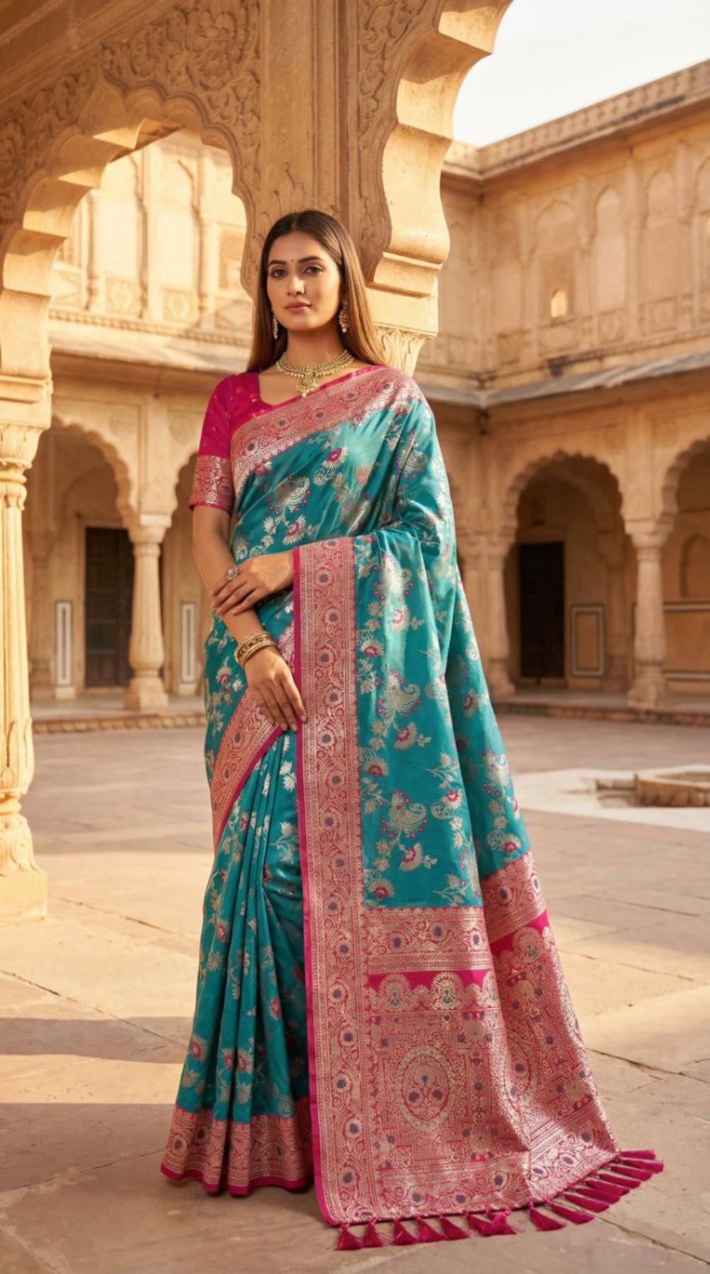 Mameraa Sarees Sea Green Soft Silk Blend Saree With Zari Weaving Meenakari Design-Sea_Green - Dista