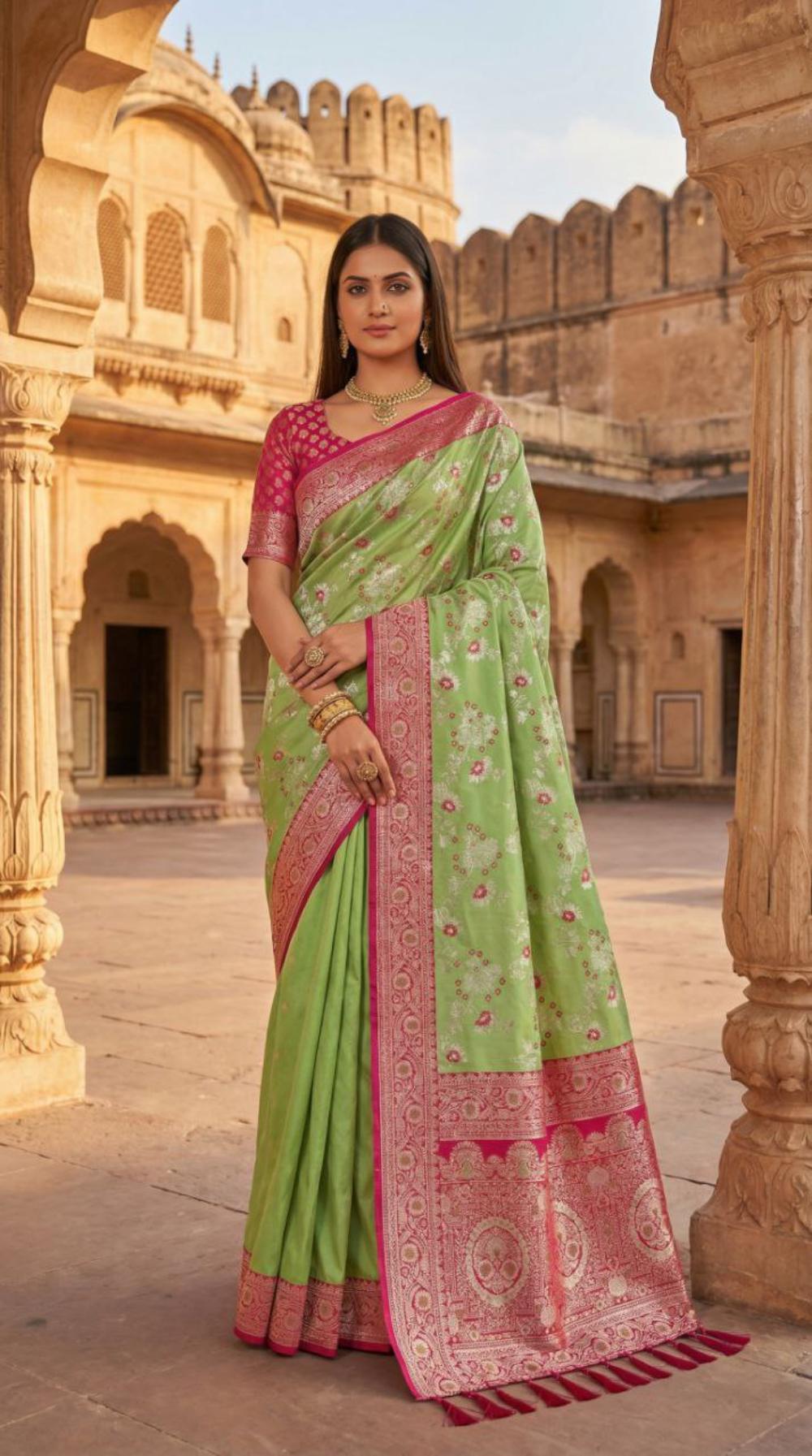 Mameraa Sarees Pear Soft Silk Blend Saree With Zari Weaving Meenakari Design-Pear - Dista