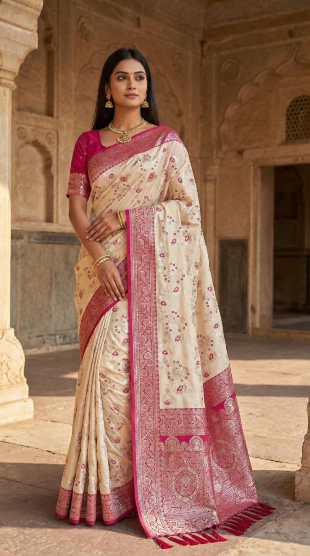 Mameraa Sarees White Soft Silk Blend Saree With Zari Weaving Meenakari Design-White - Dista
