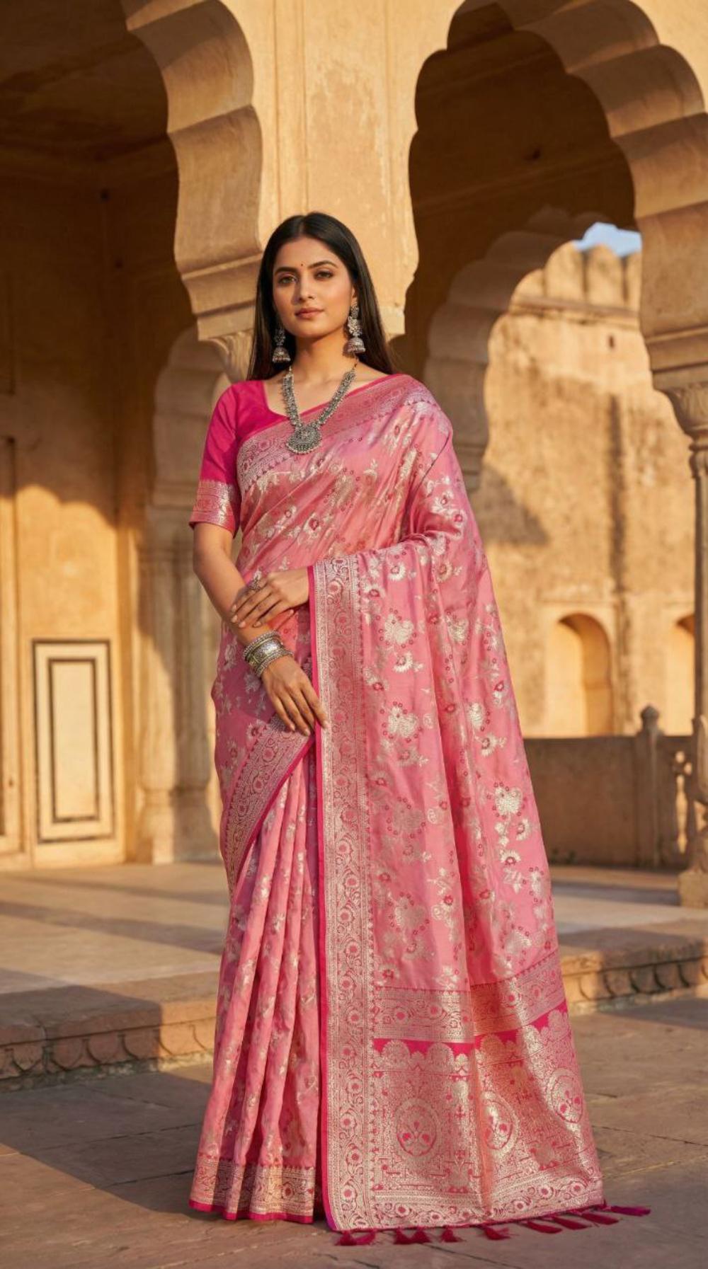 Mameraa Sarees Peach Soft Silk Blend Saree With Zari Weaving Meenakari Design-Peach - Dista