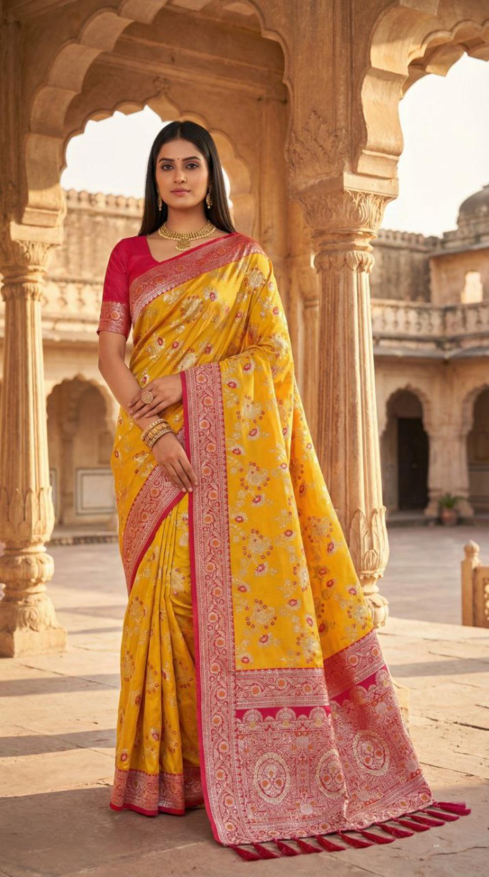 Mameraa Sarees Yellow Soft Silk Blend Saree With Zari Weaving Meenakari Design-Yellow - Dista
