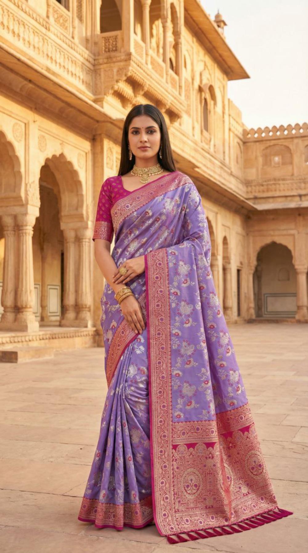 Mameraa Sarees Lavender Soft Silk Blend Saree With Zari Weaving Meenakari Design-Lavender - Dista