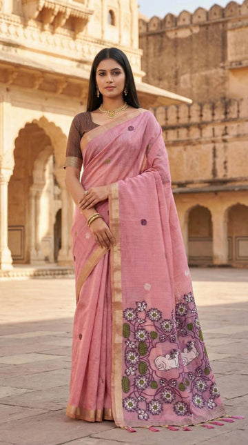 Mameraa Sarees Soft Pure Muga Cotton Saree With Meenakari Weaving Motifs And Contrast Blouse-Baby_Pink - Dista
