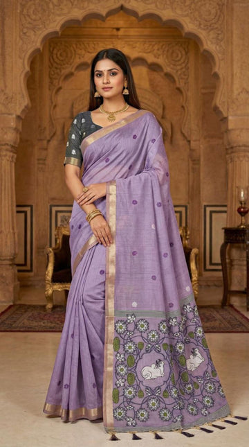 Mameraa Sarees Soft Pure Muga Cotton Saree With Meenakari Weaving Motifs And Contrast Blouse-Lavender - Dista