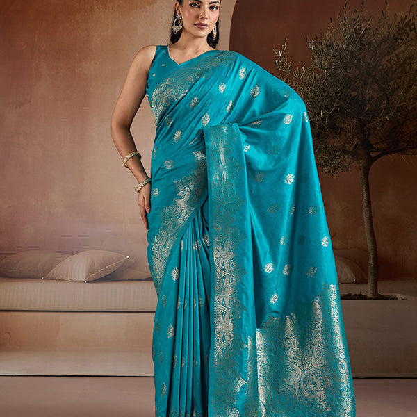 Monjolika Fashion Aqua Blue Handloom Weaving Silk Blend Saree - Dista