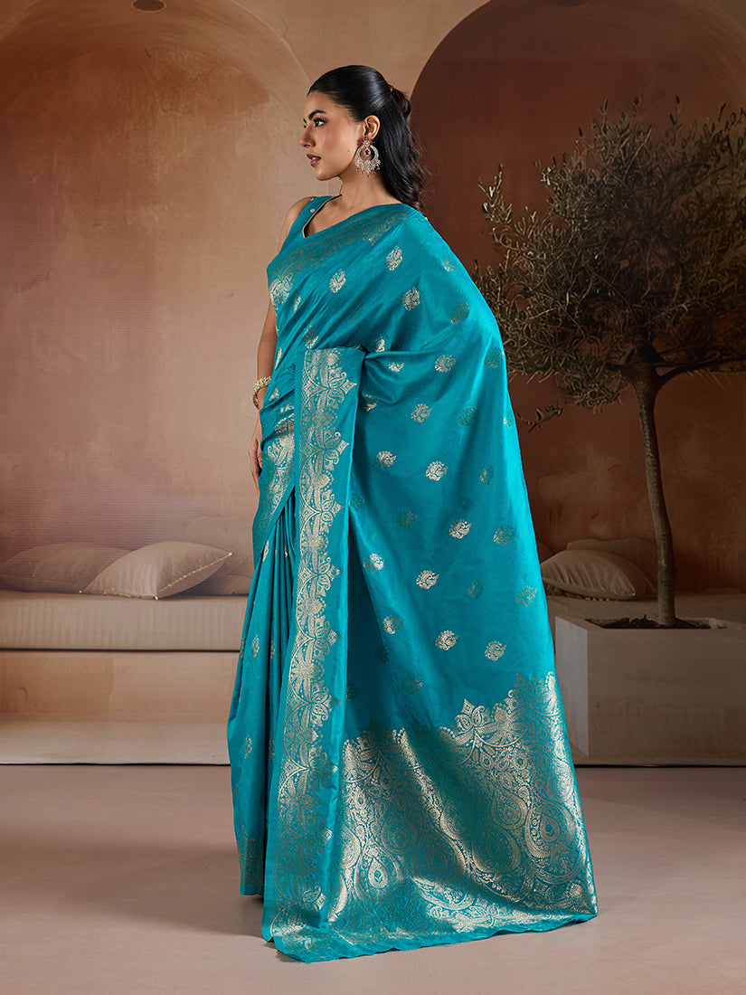 Monjolika Fashion Aqua Blue Handloom Weaving Silk Blend Saree - Dista