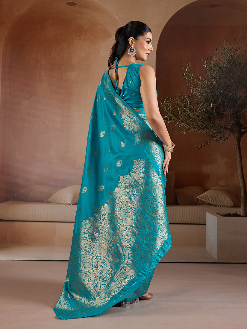 Monjolika Fashion Aqua Blue Handloom Weaving Silk Blend Saree - Dista